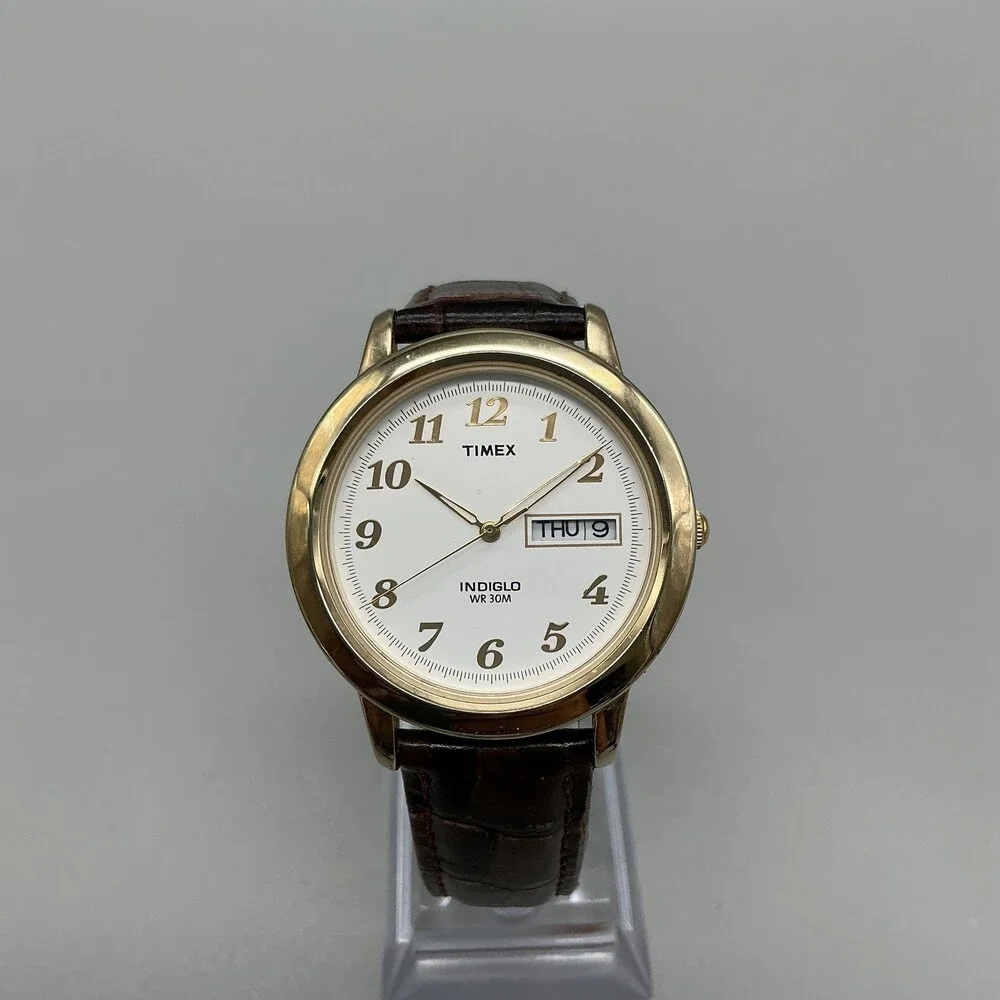 Vintage Timex Indiglo Mens Watch 37mm White Dial Brown Leather Quartz Day Date